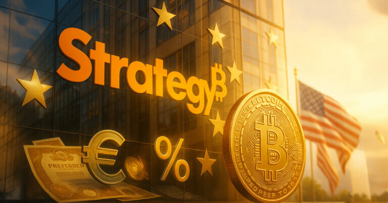 A glowing orange Strategy logo reflects across a glass tower as a gleaming Bitcoin coin, euro symbol, and embossed share certificates sit in warm cinematic daylight with EU stars and a soft-focus U.S. flag hinting at transatlantic preferred-share funding.