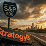 A cinematic sunset scene shows a highway sign for the S&P 500 beside a fallen “Strategy₿” sign with a Bitcoin symbol, symbolizing diverging paths between traditional markets and crypto strategies.