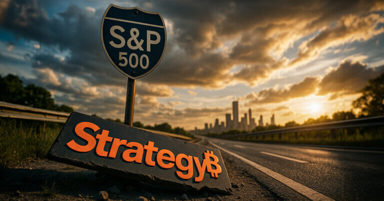 A cinematic sunset scene shows a highway sign for the S&P 500 beside a fallen “Strategy₿” sign with a Bitcoin symbol, symbolizing diverging paths between traditional markets and crypto strategies.