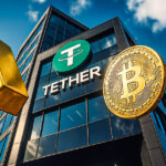 A modern glass Tether headquarters rises into the sky as a floating gold bar and a glowing Bitcoin coin hover prominently in front of the building under bright blue, cloud-filled daylight.
