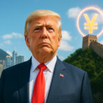 Donald Trump from a low front angle against a bright blue sky, standing before Hong Kong’s skyline and the Great Wall with glowing Bitcoin and yuan symbols radiating behind him.