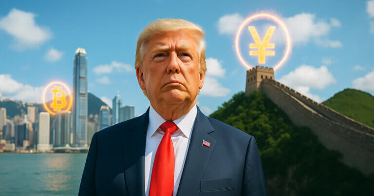 Donald Trump from a low front angle against a bright blue sky, standing before Hong Kong’s skyline and the Great Wall with glowing Bitcoin and yuan symbols radiating behind him.