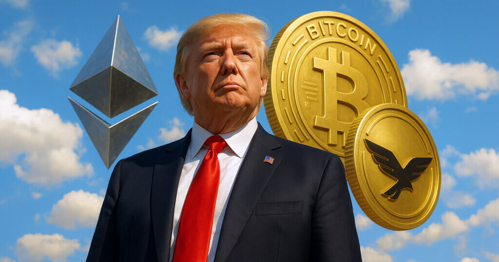 President Donald Trump standing confidently against a bright sky, flanked by large metallic cryptocurrency symbols for Ethereum, Bitcoin, and another gold coin, illustrating a report on his alleged $12 billion crypto portfolio.