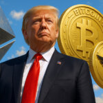 President Donald Trump standing confidently against a bright sky, flanked by large metallic cryptocurrency symbols for Ethereum, Bitcoin, and another gold coin, illustrating a report on his alleged $12 billion crypto portfolio.
