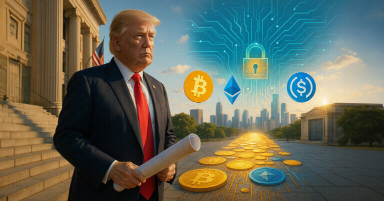 Donald Trump stands on sunlit government steps holding a blueprint as a glowing crypto coin pathway and holographic Bitcoin, Ethereum, and USDC symbols hover toward a distant city skyline.