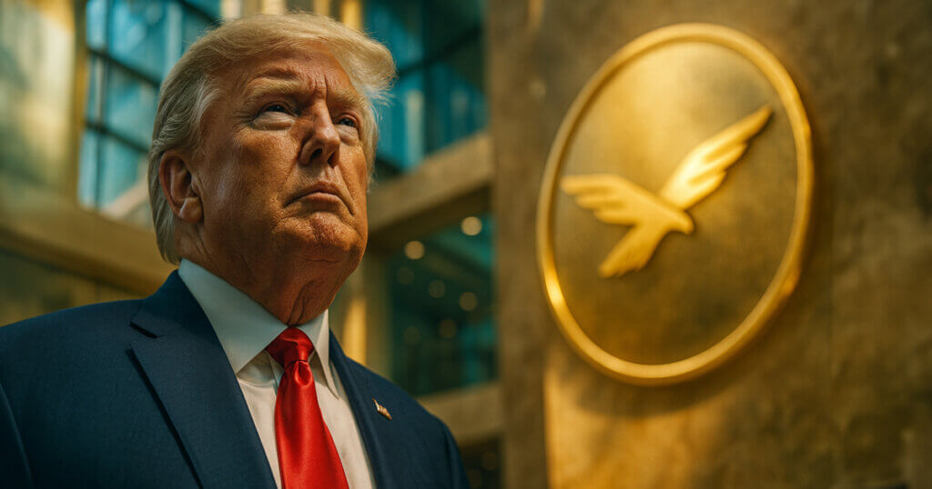 A low-angle, hyper-realistic atrium shot shows Donald Trump in sharp three-quarter profile with a gleaming WLFI coin bearing the golden hawk logo embossed on a circular medallion in the blurred background.