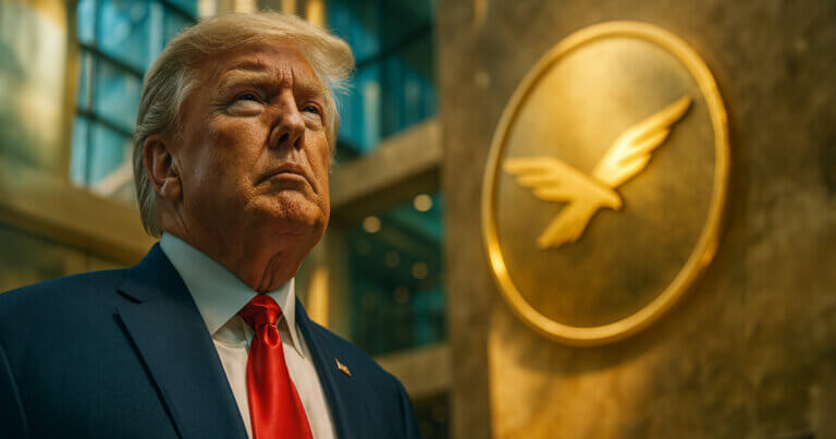 A low-angle, hyper-realistic atrium shot shows Donald Trump in sharp three-quarter profile with a gleaming WLFI coin bearing the golden hawk logo embossed on a circular medallion in the blurred background.