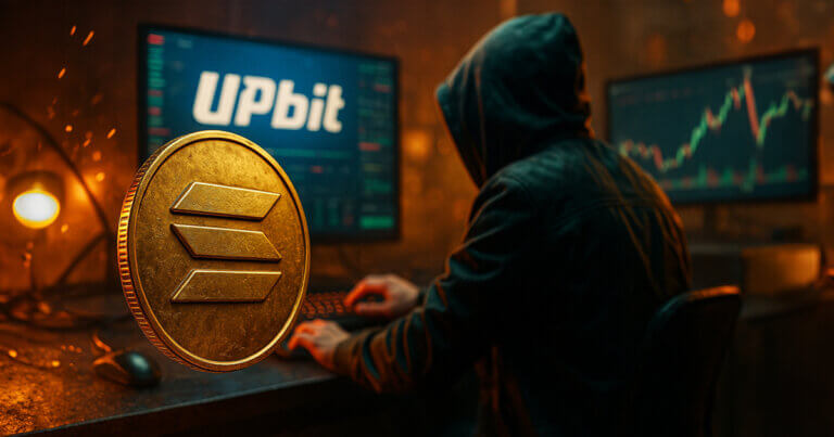 A hooded figure types in a dimly lit trading room with glowing monitors showing charts and the Upbit logo, while a large golden Solana coin floats in the foreground, symbolizing the surge of Solana-based tokens after the $32M Upbit hack.