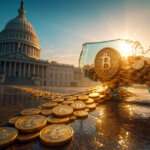 A low-angle cinematic view shows a hyper-detailed river of gleaming Bitcoin coins pouring across wet stone into a glass USA-shaped vault beside the sunlit Capitol.