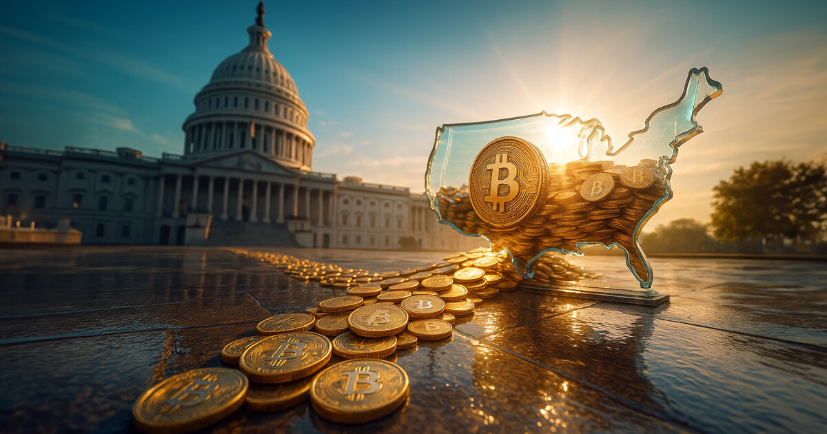 A low-angle cinematic view shows a hyper-detailed river of gleaming Bitcoin coins pouring across wet stone into a glass USA-shaped vault beside the sunlit Capitol.