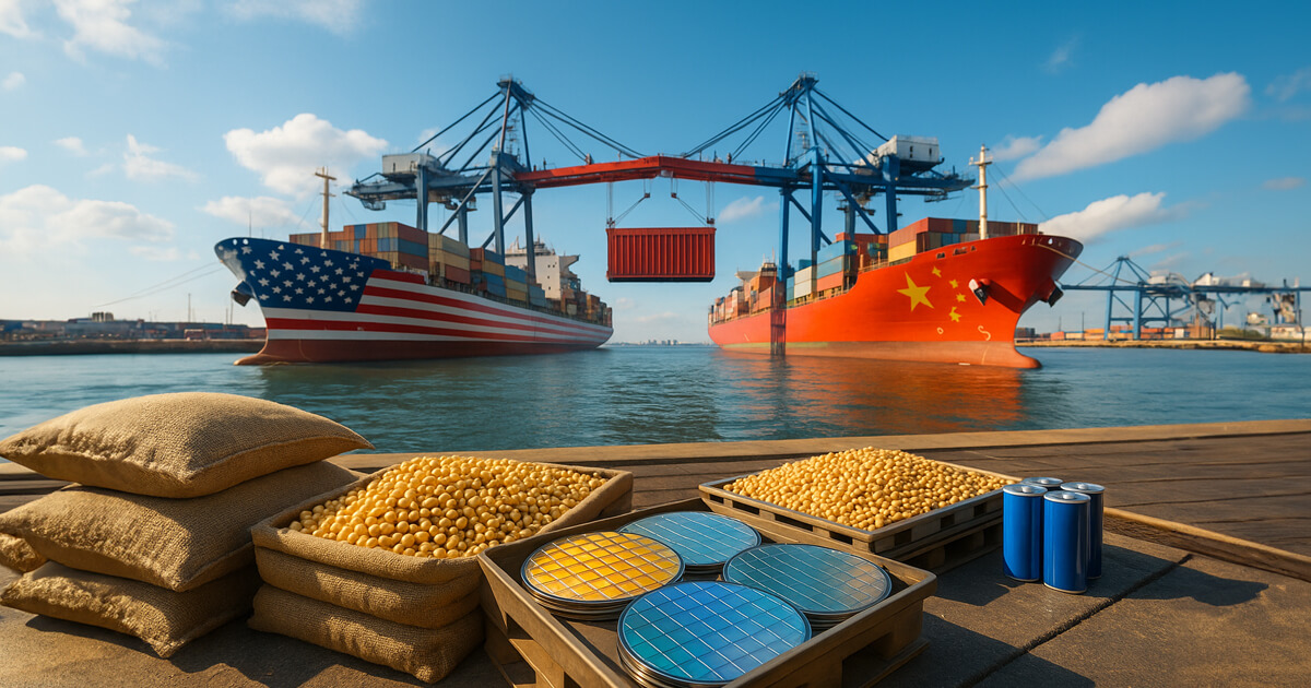 panorama shows U.S.- and China-flag container ships easing toward each other as cranes lift a red barrier above the channel, with pallets of soybeans, shiny semiconductor wafers, and battery cells on the pier under crisp blue skies.
