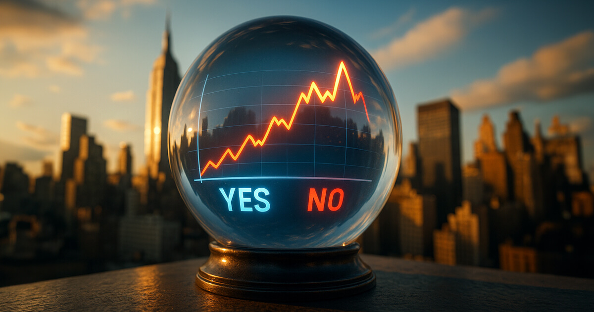 A glowing crystal ball sits atop a ledge overlooking a city skyline at sunset, displaying a rising and falling price chart with the words “YES” in blue and “NO” in red beneath it, symbolizing prediction-market trading.