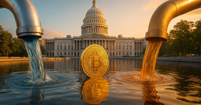 Two large metal pipes pour blue and orange water into the Capitol Reflecting Pool as a golden Bitcoin rises before the illuminated U.S. Capitol under a glowing sunset sky.