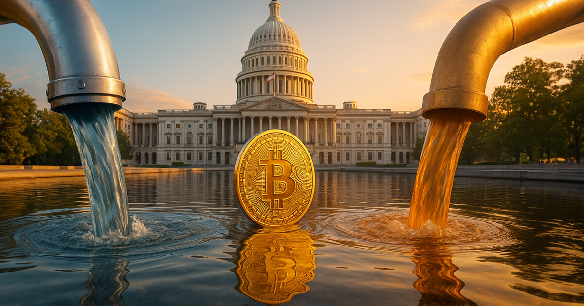 Two large metal pipes pour blue and orange water into the Capitol Reflecting Pool as a golden Bitcoin rises before the illuminated U.S. Capitol under a glowing sunset sky.