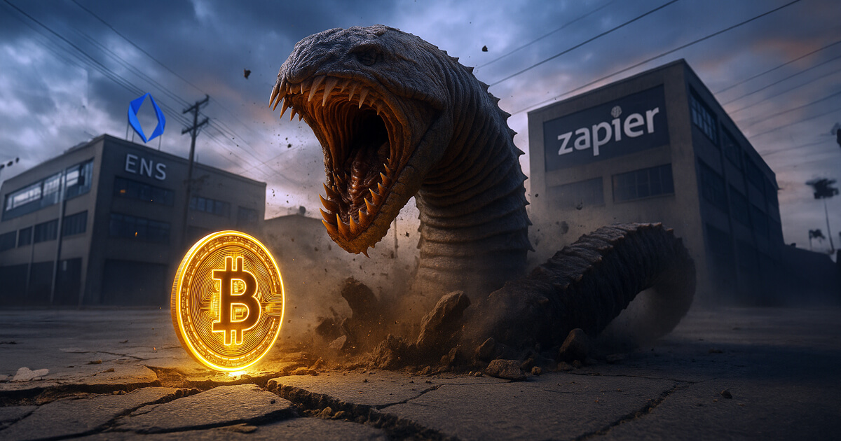A massive sandworm-like creature erupts from the cracked ground, towering behind a glowing Bitcoin coin, with ENS and Zapier buildings in the background under a stormy sky.