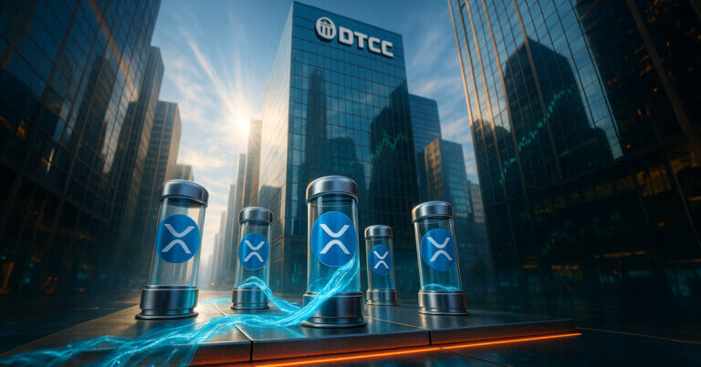 A wide-angle, photorealistic 16:9 scene shows five XRP-logo glass capsules arrayed on a reflective launch pad before a gleaming DTCC tower, with bright teal liquidity streams threading between them under high, cinematic sunlight and cool–warm reflections across the glass canyon of Wall Street.