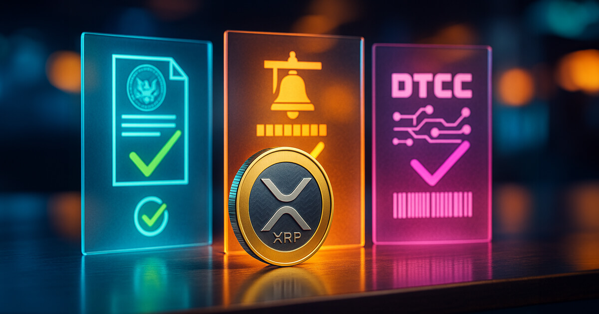 A gleaming XRP coin stands on a reflective desk in front of three translucent neon panels—document with seal, exchange bell, and DTCC circuitry—where the first two glow brightly and the DTCC panel remains slightly muted to suggest operational readiness, not approval.