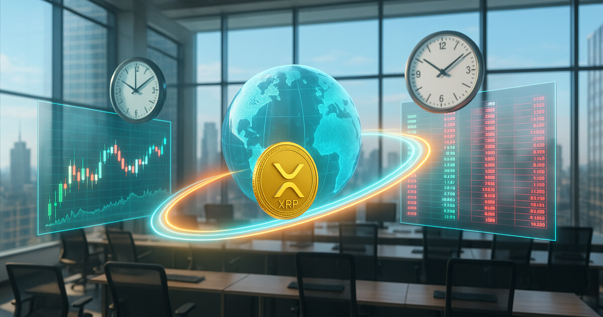 rading floor with floor-to-ceiling windows shows a glowing XRP coin orbiting a holographic globe between two floating panels—one a deep order book, the other a live futures chart—while twin wall clocks emphasize minute-scale inventory windows under crisp daylight and a soft, realistic glow.