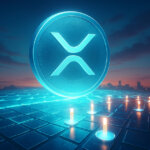 A massive glowing XRP coin hovers above a luminous grid of staking pylons, with teal-blue energy flowing toward a warm orange city skyline under a bright dusk sky.