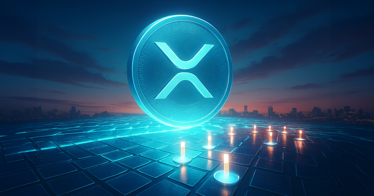 A massive glowing XRP coin hovers above a luminous grid of staking pylons, with teal-blue energy flowing toward a warm orange city skyline under a bright dusk sky.