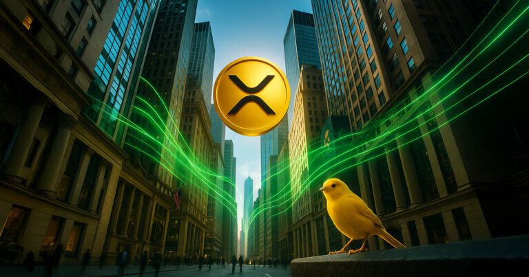 A dramatic low-angle view of towering Wall Street skyscrapers frames a glowing golden XRP coin floating above the canyon-like street, while a bright yellow canary perches in the foreground beside flowing green energy lines that suggest XRP surging through the global financial system.