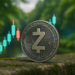 a gleaming silver Zcash (ZEC) coin standing upright on a mossy rock surrounded by lush greenery