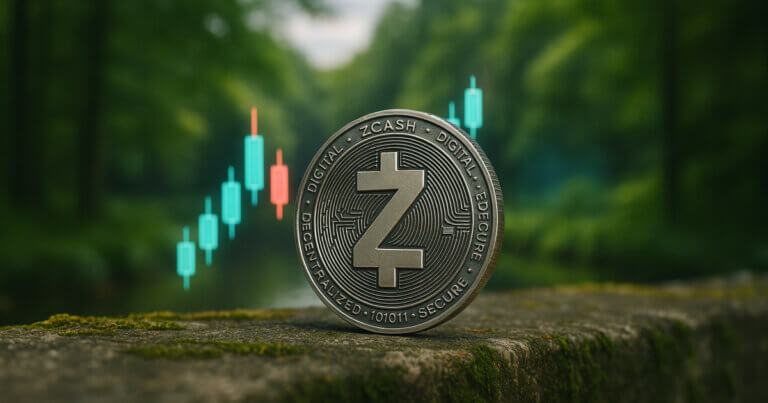 a gleaming silver Zcash (ZEC) coin standing upright on a mossy rock surrounded by lush greenery