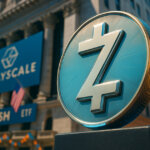 Zcash coin stands prominently in front of the New York Stock Exchange, with Grayscale and ZCSH ETF banners and American flags displayed on the building in the background under a bright blue sky