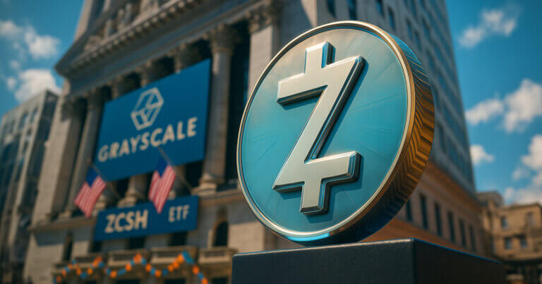 Zcash coin stands prominently in front of the New York Stock Exchange, with Grayscale and ZCSH ETF banners and American flags displayed on the building in the background under a bright blue sky