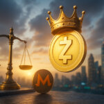 a crowned golden Zcash coin rising before balanced scales while a Monero coin recedes on a rooftop skyline at sunset with vivid teal-and-amber glow, symbolizing ZEC reclaiming the privacy crown.