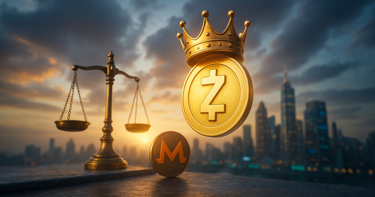 a crowned golden Zcash coin rising before balanced scales while a Monero coin recedes on a rooftop skyline at sunset with vivid teal-and-amber glow, symbolizing ZEC reclaiming the privacy crown.