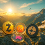 Four glossy coins—Zcash, Monero, Uniswap, and the updated Astar—lie on snow-flecked granite atop a sunlit mountain ridge with golden clouds and distant peaks.