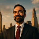 Zohran Mamdani in dramatic daylight with a soft glow, framed by the New York skyline featuring the Empire State and Chrysler Buildings rising behind him.