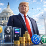 Donald Trump stands before the US Capitol beside Bitcoin, Ethereum, and Solana ETFs plus major stablecoins, symbolizing the standout crypto winners shaping 2025.