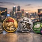 A lineup of satirical memecoins featuring Trump, Melania, Fartcoin, and Pump tokens against a city backdrop, highlighting 2025’s most chaotic speculative trades.