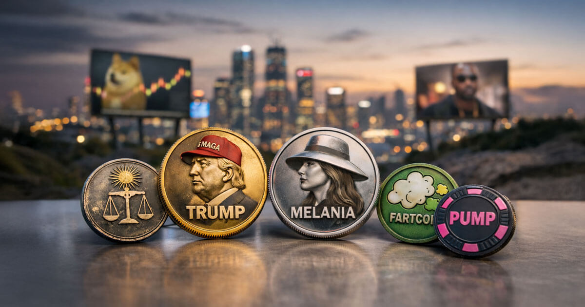 A lineup of satirical memecoins featuring Trump, Melania, Fartcoin, and Pump tokens against a city backdrop, highlighting 2025’s most chaotic speculative trades.