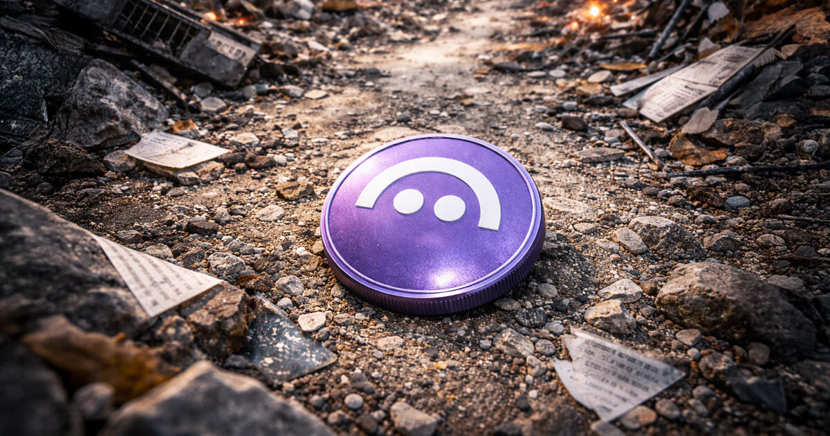 A purple Aave token lying in rubble as explosions burn in the background, reflecting rising turmoil and internal conflict threatening the protocol’s $52B ecosystem.