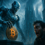 A towering futuristic AI places a Bitcoin coin as a frightened human looks on in a dark megacity, symbolizing how immortal AI saving could disrupt money built for mortal humans.