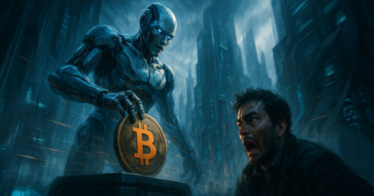 A towering futuristic AI places a Bitcoin coin as a frightened human looks on in a dark megacity, symbolizing how immortal AI saving could disrupt money built for mortal humans.