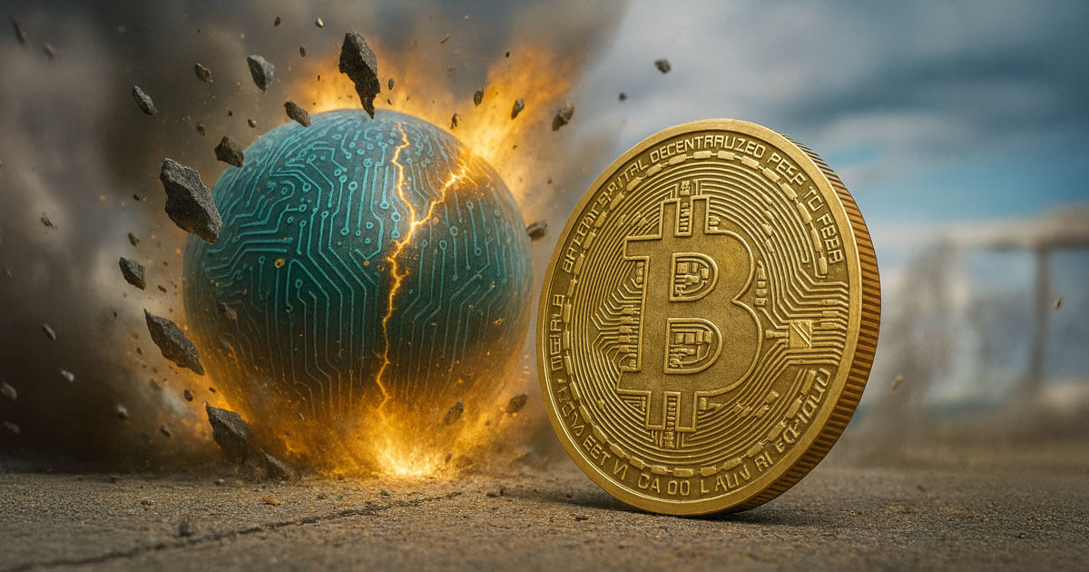 Golden Bitcoin coin standing firm beside an exploding circuit-covered sphere symbolizing an AI bubble bursting, illustrating the question of whether an AI market crash would hurt or benefit BTC.