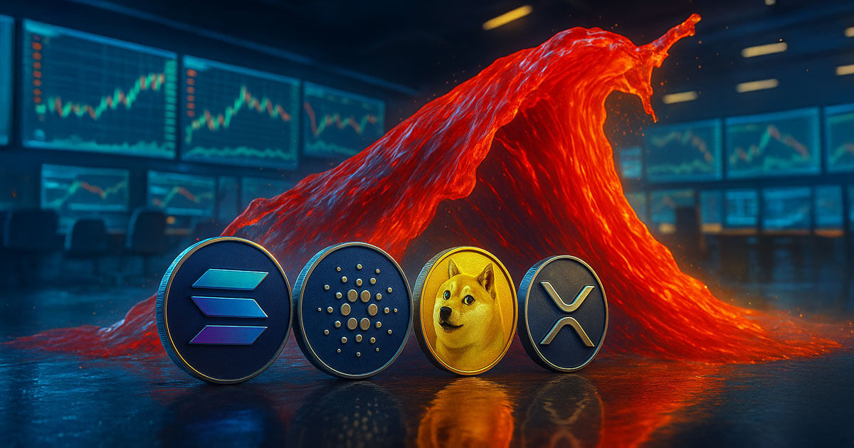Solana, Cardano, Dogecoin, and XRP coins lined up on a trading floor in front of a crashing red wave and glowing price charts, symbolizing a surge of volatility as investors question whether stock trading has become the new equivalent to altcoin trading.