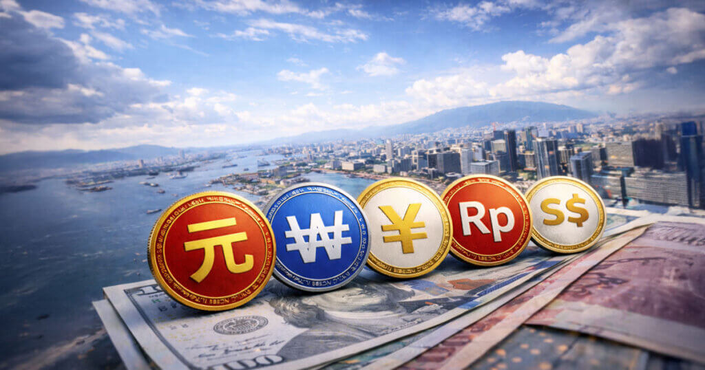 Asian currency symbols displayed as digital-style coins above a city skyline illustrate how regional economies are quietly developing alternatives to the dominant dollar stablecoin system.