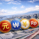 Asian currency symbols displayed as digital-style coins above a city skyline illustrate how regional economies are quietly developing alternatives to the dominant dollar stablecoin system.
