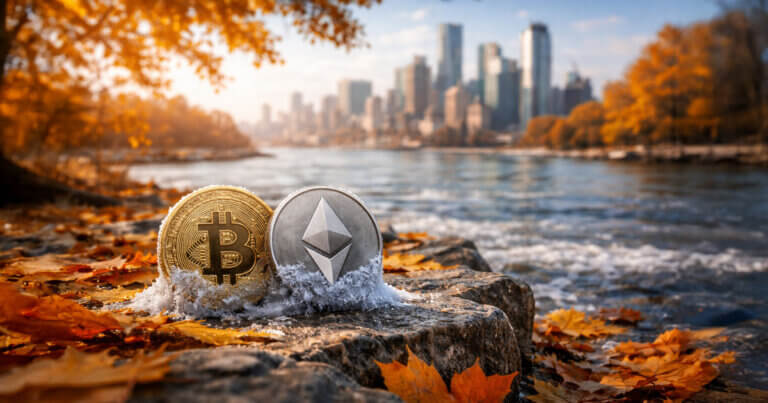 Bitcoin and Ethereum coins rest on frosted autumn rocks beside a river, symbolizing mounting seasonal pressure as the crypto market faces a potential shift or correction.