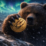 A large bear grips a scratched Bitcoin coin in a snowy, aurora-lit landscape, symbolizing mounting market pressure and why Bitcoin has entered a clear bear season.