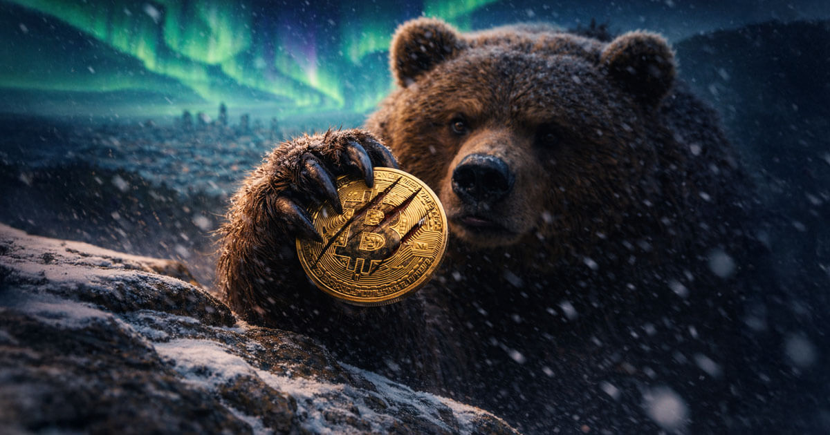 A large bear grips a scratched Bitcoin coin in a snowy, aurora-lit landscape, symbolizing mounting market pressure and why Bitcoin has entered a clear bear season.