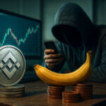 A hooded figure checks a phone beside a Binance-branded coin, banana prop, and trading chart, symbolizing insider leaks and brand-account abuse shaping the crypto news cycle.
