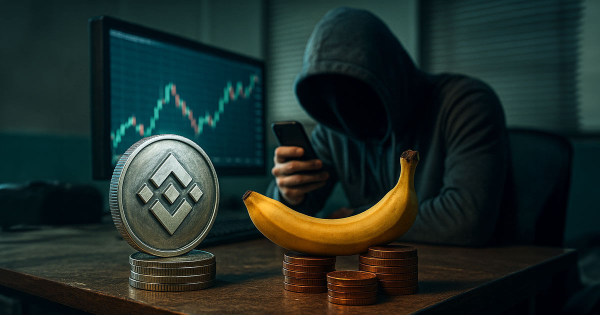 A hooded figure checks a phone beside a Binance-branded coin, banana prop, and trading chart, symbolizing insider leaks and brand-account abuse shaping the crypto news cycle.