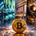 A Bitcoin coin surrounded by scenes of market rallies, miner stress, Mt. Gox fallout, and U.S.–China tensions, illustrating the major events that shaped crypto in 2025.