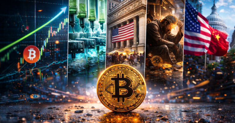A Bitcoin coin surrounded by scenes of market rallies, miner stress, Mt. Gox fallout, and U.S.–China tensions, illustrating the major events that shaped crypto in 2025.